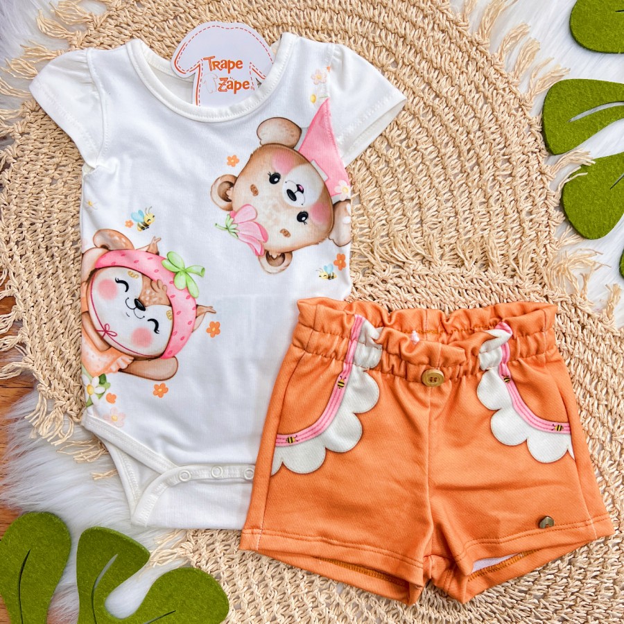 Conj. Body Ursinha e Raposinha com Short Laranja - Off White